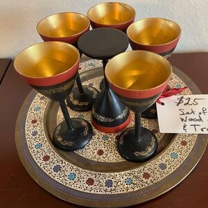 6 Wooden stemware with enameled metal tray